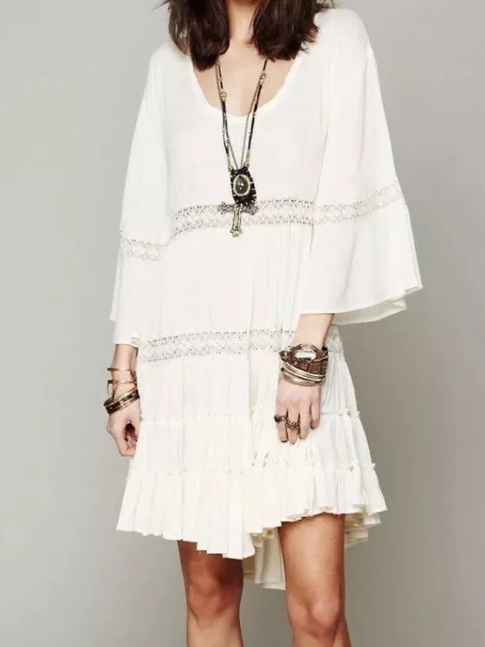Free People Dream Cloud Daisy Lace Dress Ivory Tiered Bell Sleeve Small/Petite ( - Picture 2 of 3